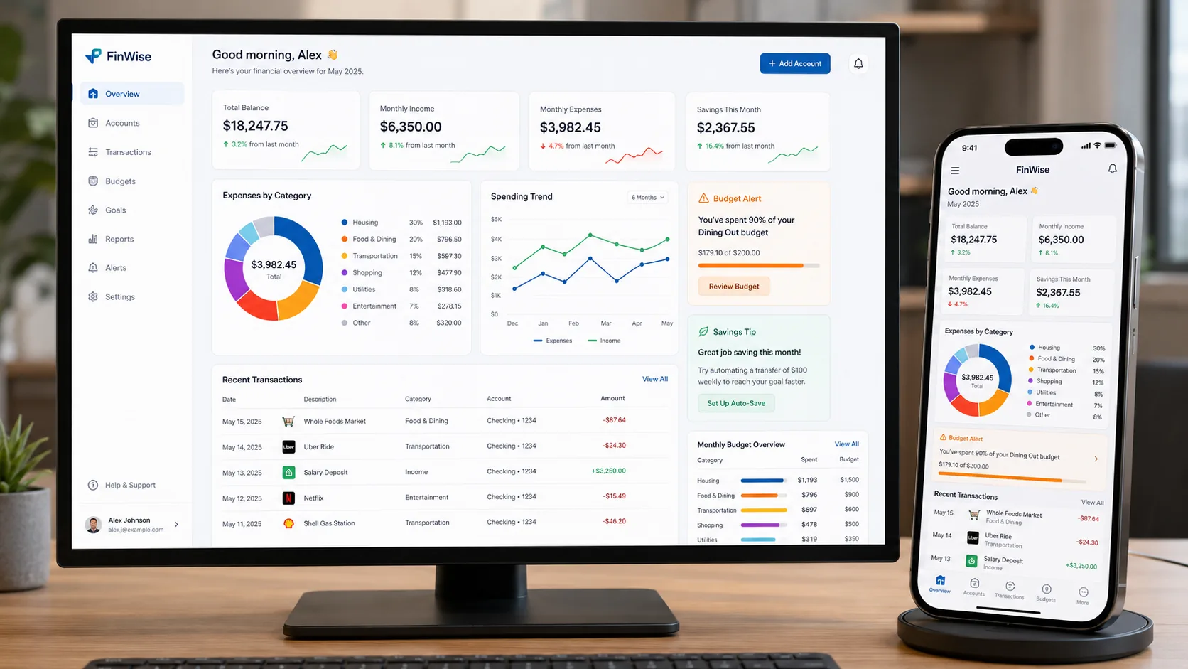 Multi-bank financial dashboard displaying unified account balances, transaction history, and expense tracking analytics