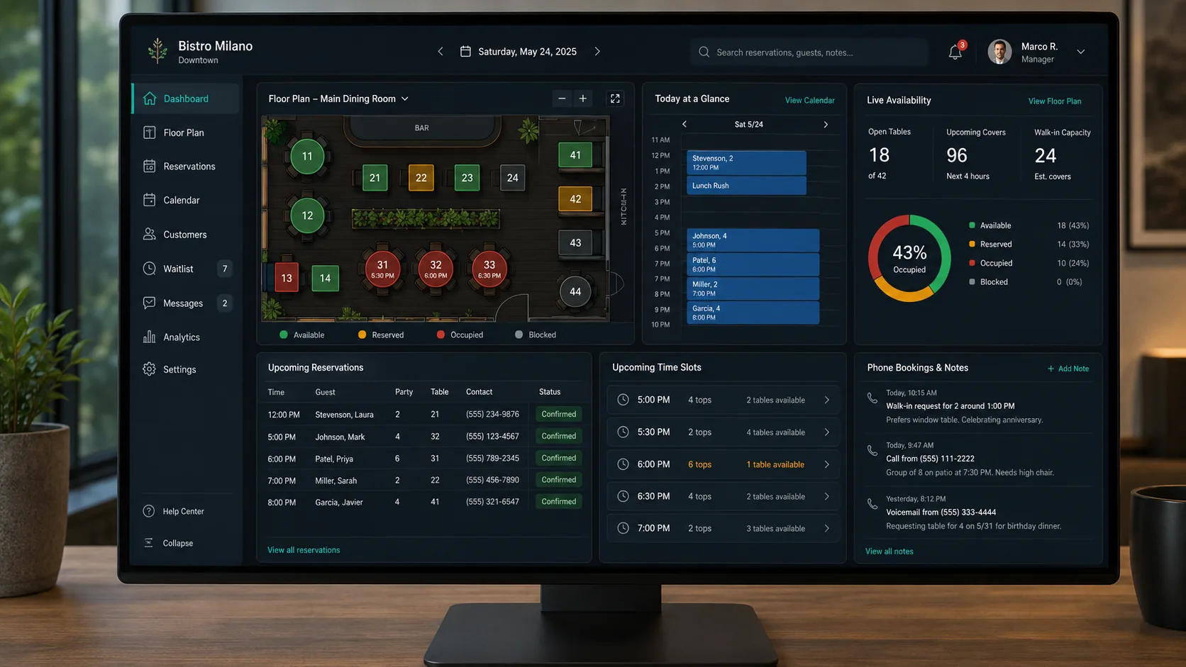 Restaurant reservation management system with real-time table booking calendar and AI voice assistant integration